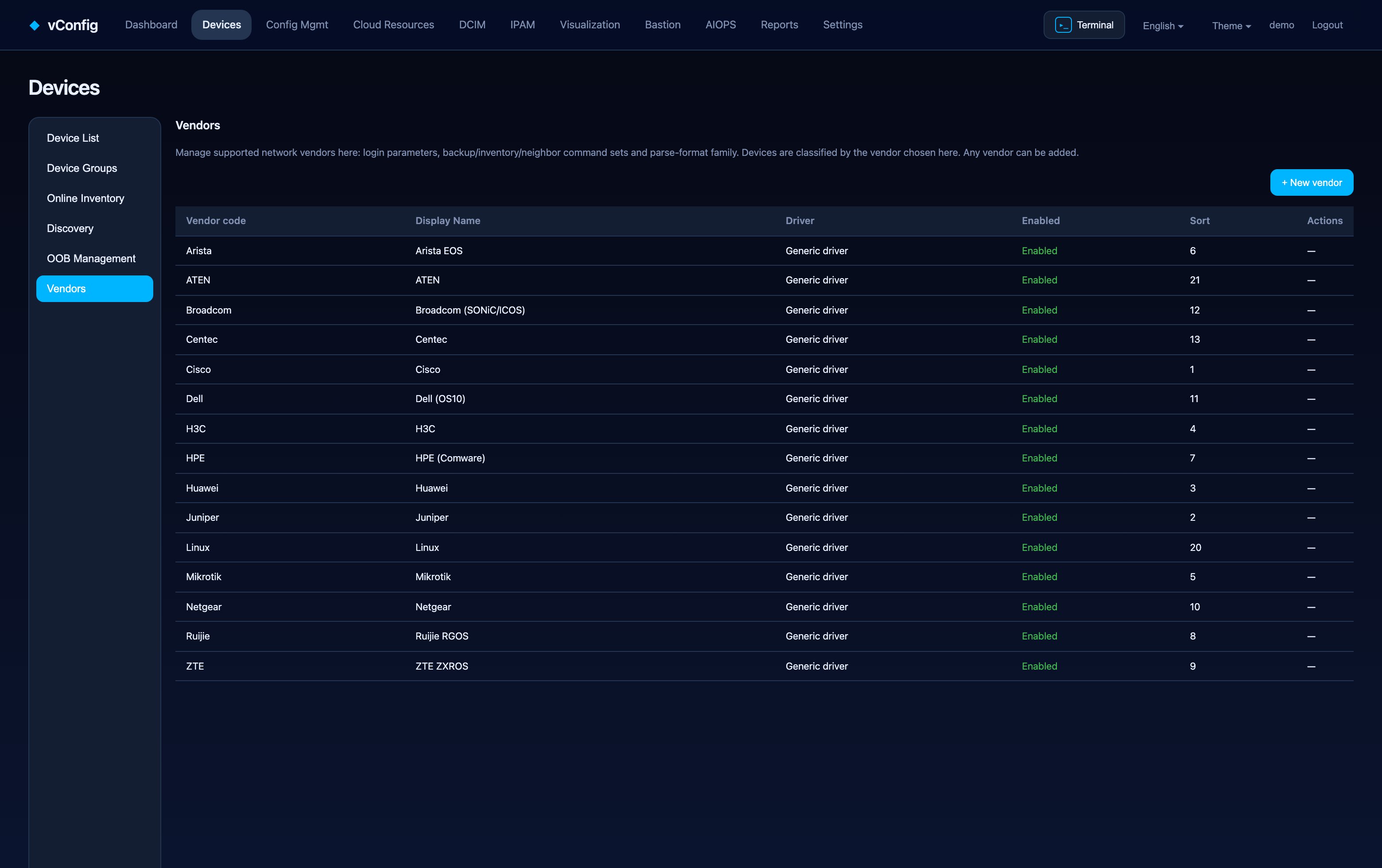 Vendor settings