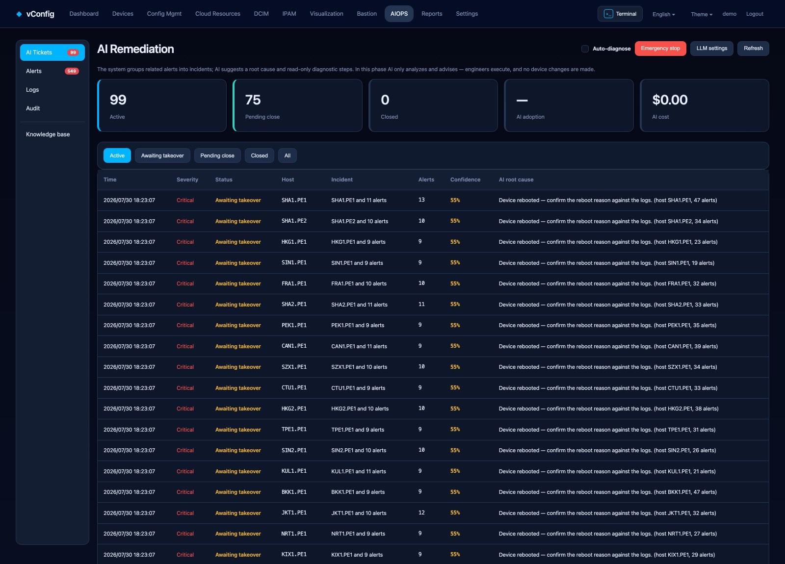 AI incident tickets with root cause and confidence